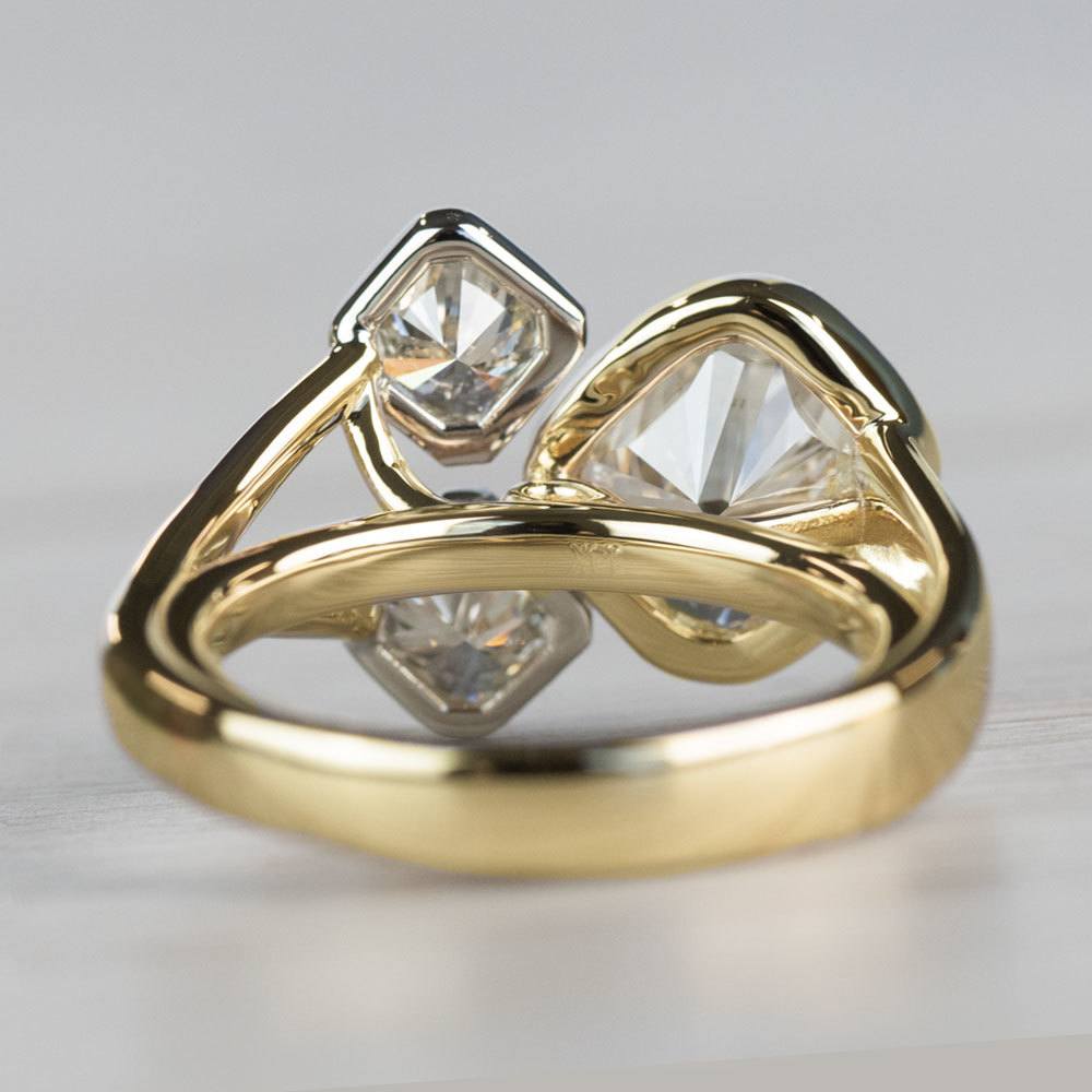 Custom Bezel Cushion Cut Diamond Three Stone Engagement Ring