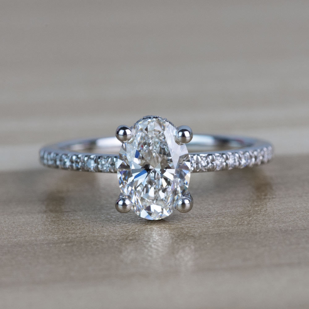 Custom French Cut Oval Diamond Engagement Ring With Diamond Basket