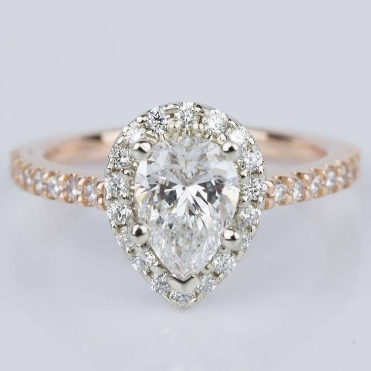 One Carat Pear Halo Ring In Rose And White Gold