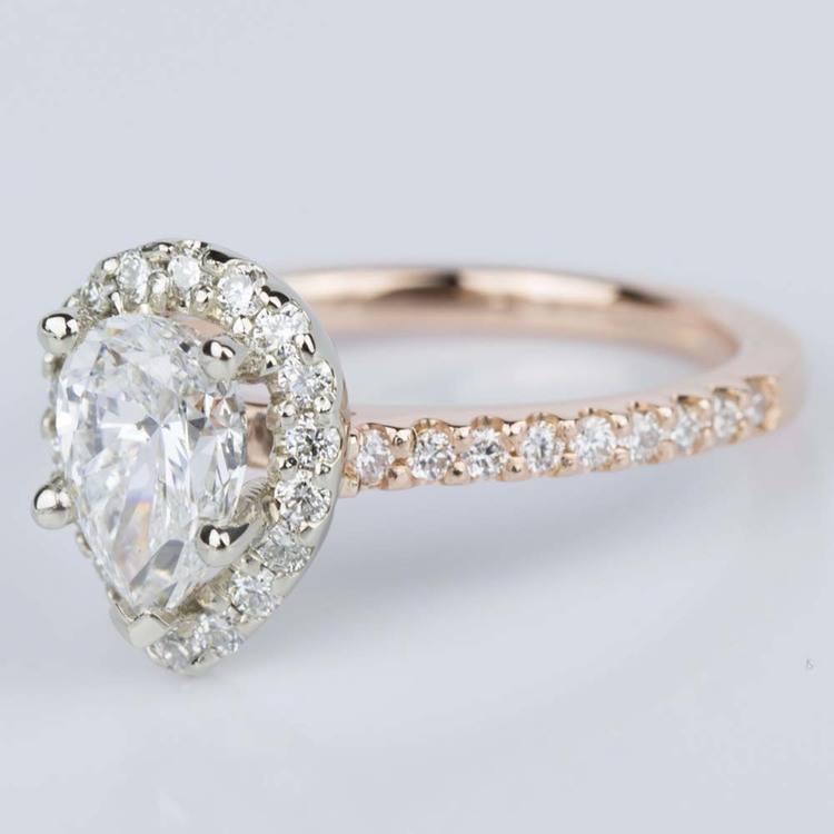 One Carat Pear Halo Ring In Rose And White Gold