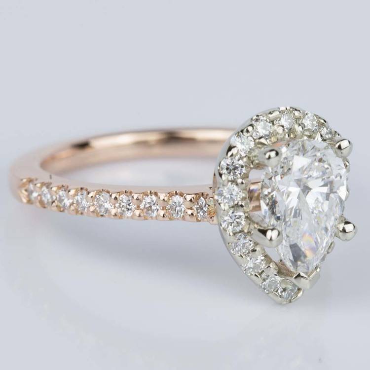 One Carat Pear Halo Ring In Rose And White Gold