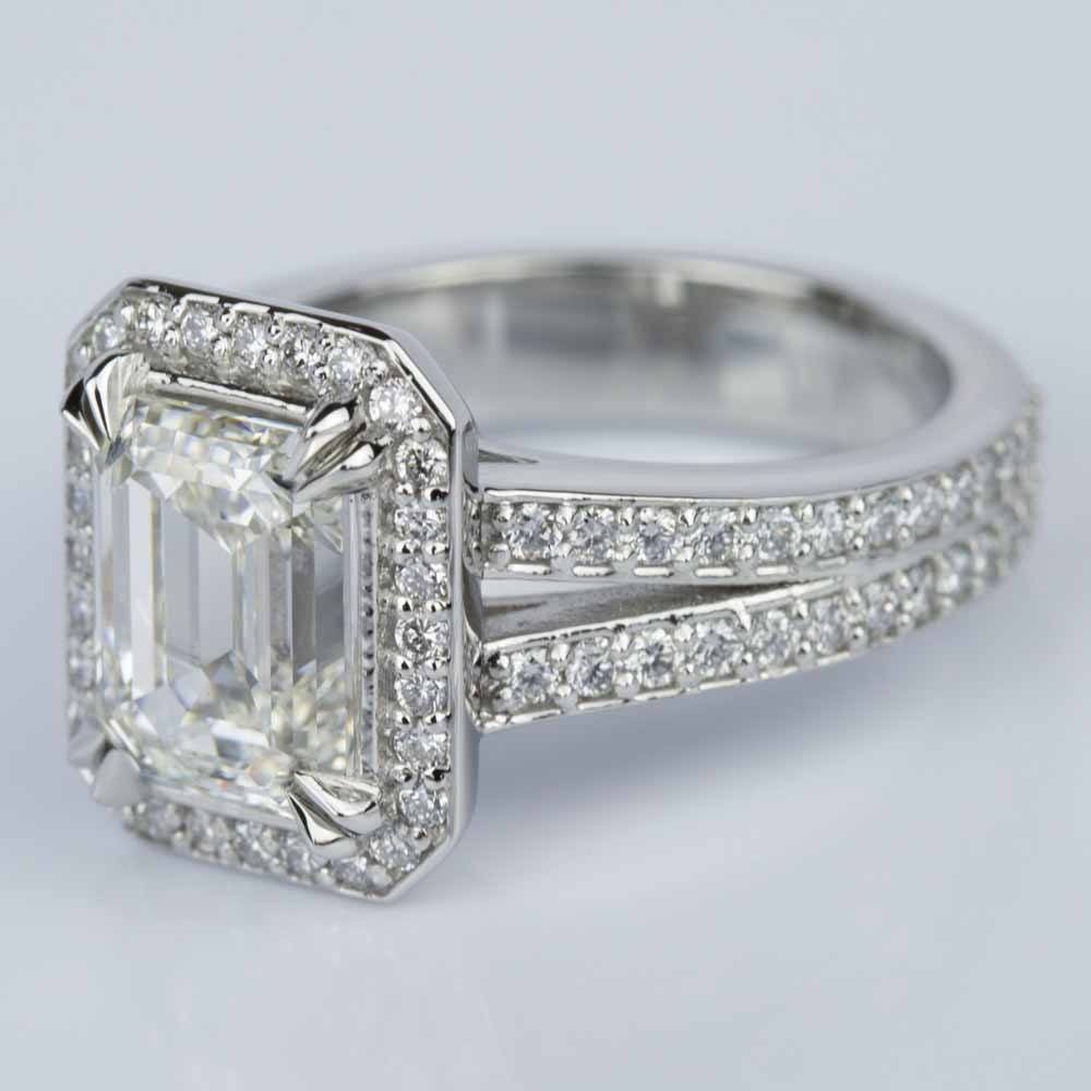 Split Shank Halo Emerald Diamond Engagement Ring