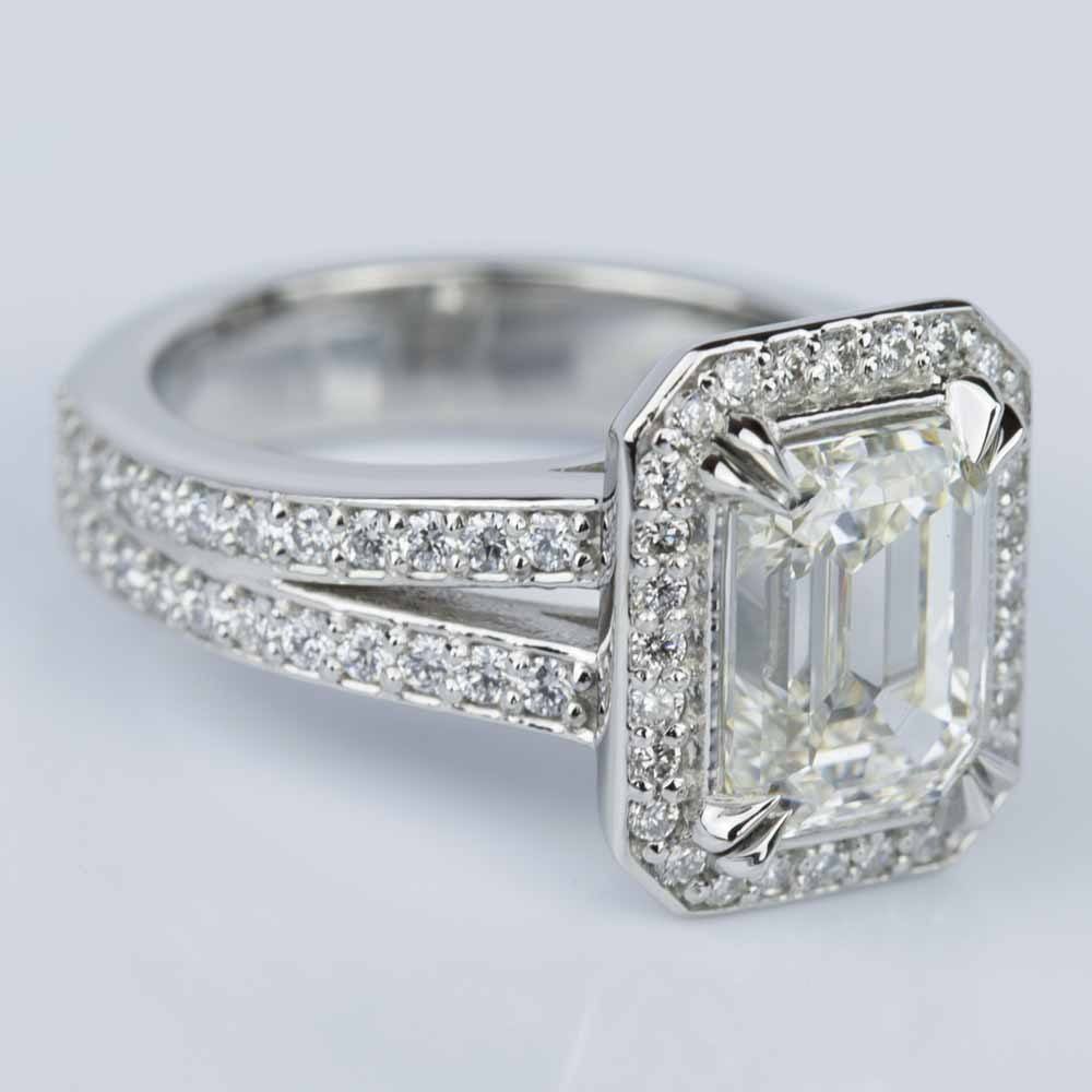 Split Shank Halo Emerald Diamond Engagement Ring
