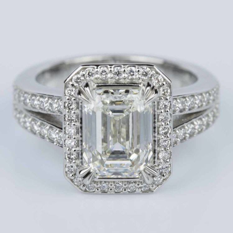 Custom Split Shank Emerald Halo Diamond Engagement Ring