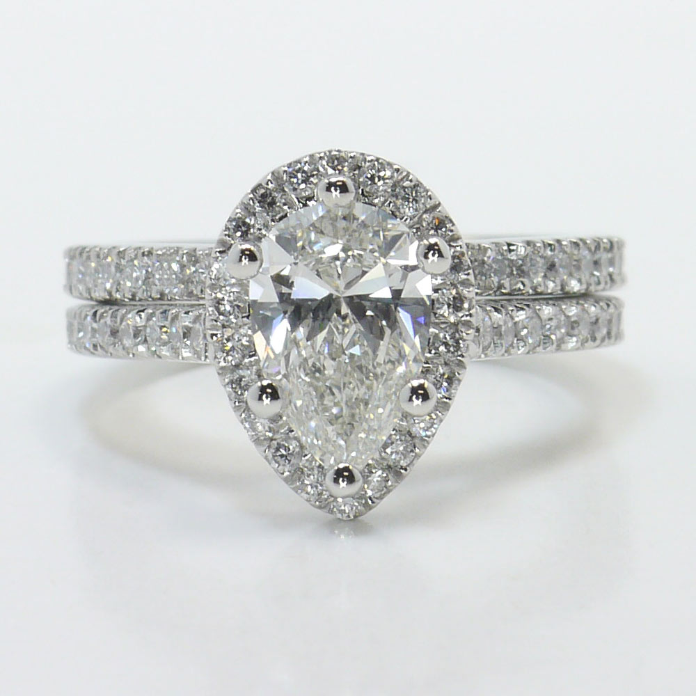 Pear Pave Halo Engagement Ring With Wedding Band