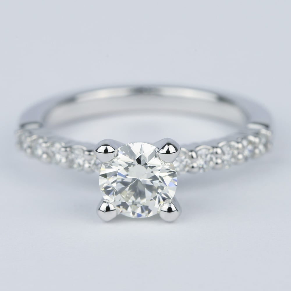 0.70 Carat Diamond Ring On Pave Band In 14k White Gold