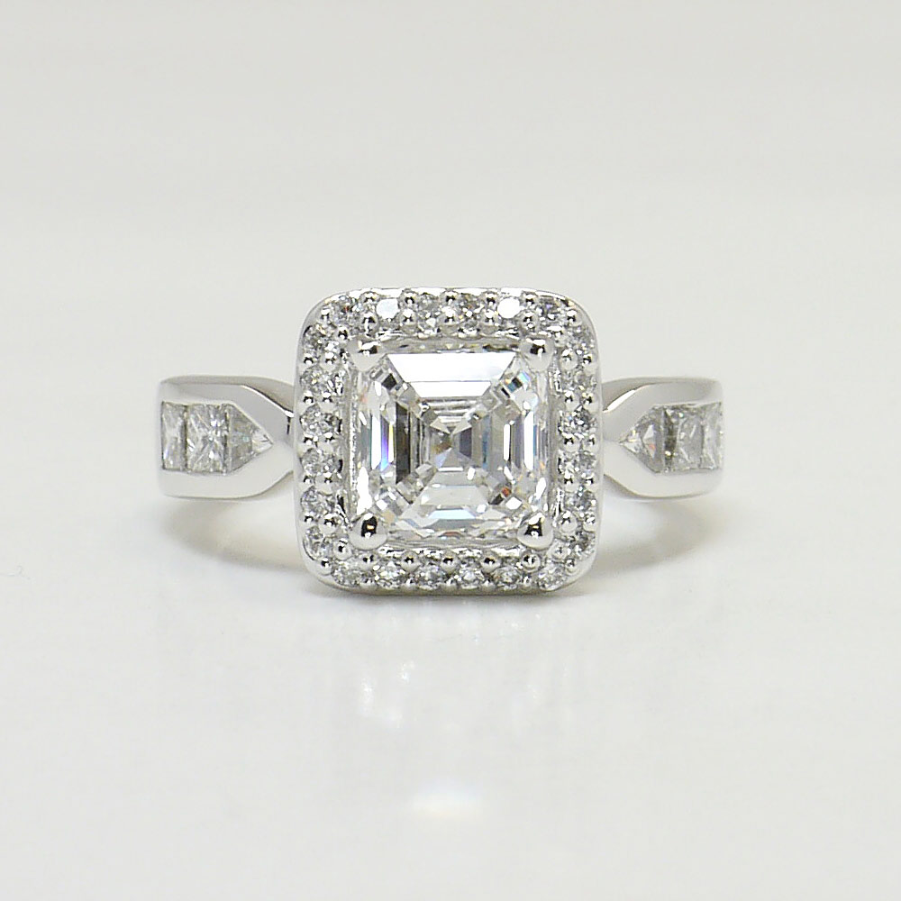 Modern Asscher Cut Halo Engagement Ring In White Gold