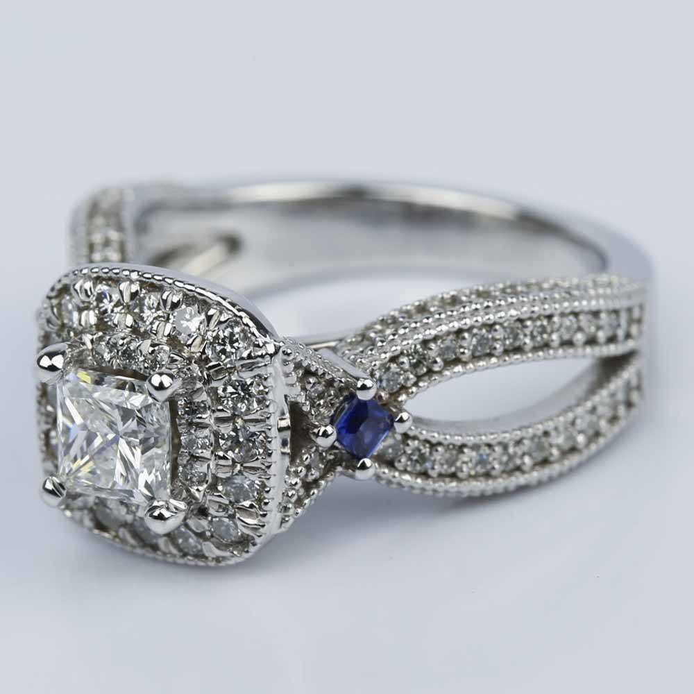 Double Halo Diamond Engagement Ring With Sapphires