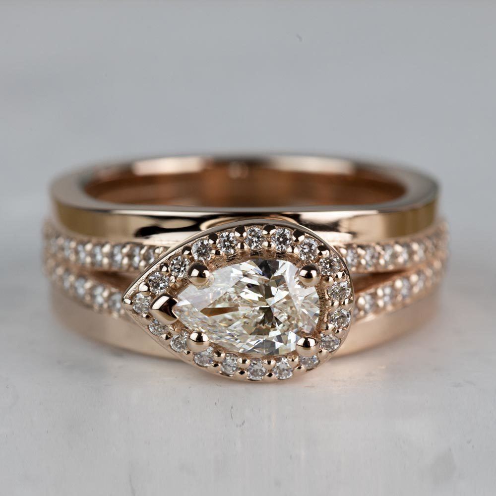 Rose Gold Horizontal-Set Pear Halo Diamond Engagement Ring