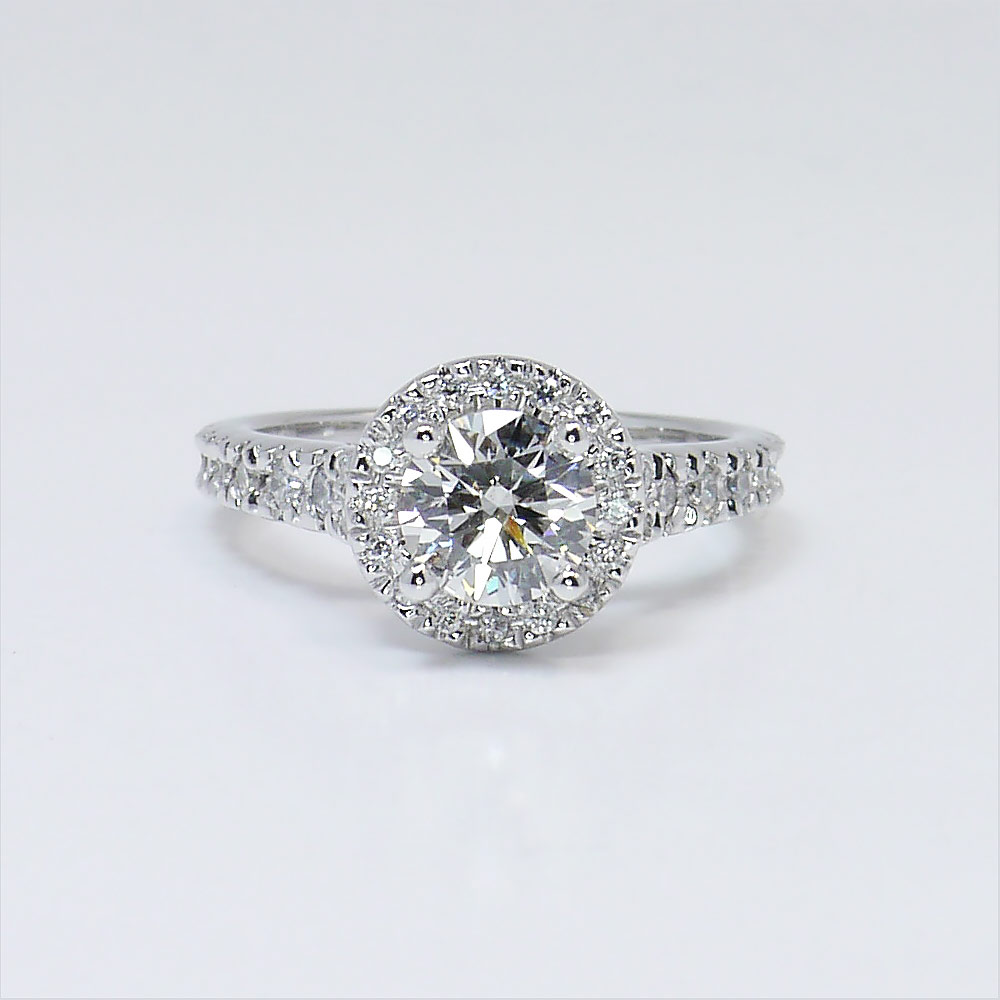 Custom Round Halo Diamond Engagement Ring In 14K White Gold