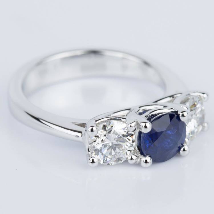 Trellis Three Stone Sapphire & Diamond Engagement Ring in White Gold