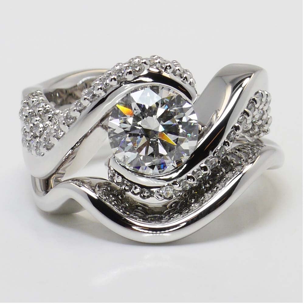 Twisted Diamond Engagement Ring and Matching Band in White Gold
