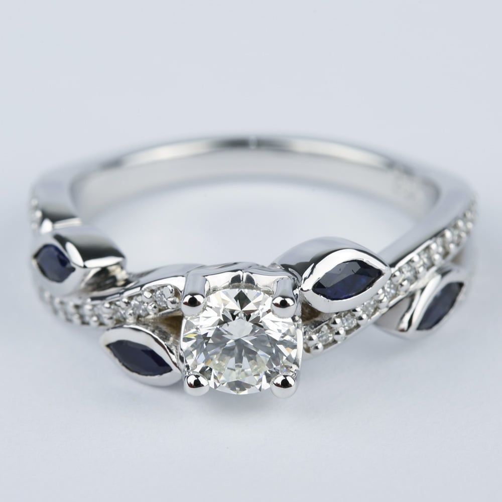 Sapphire Leaves Engagement Ring With Round Cut Diamond