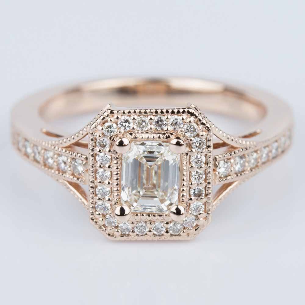 Vintage Milgrain Emerald Halo Diamond Ring in Rose Gold (0.50 ct.)