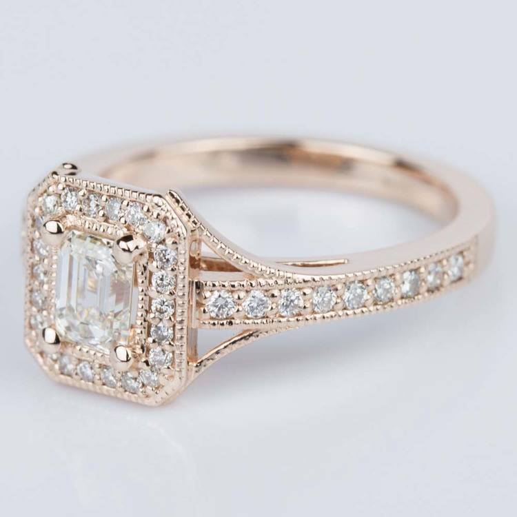 Vintage Milgrain Emerald Halo Diamond Ring in Rose Gold (0.50 ct.)