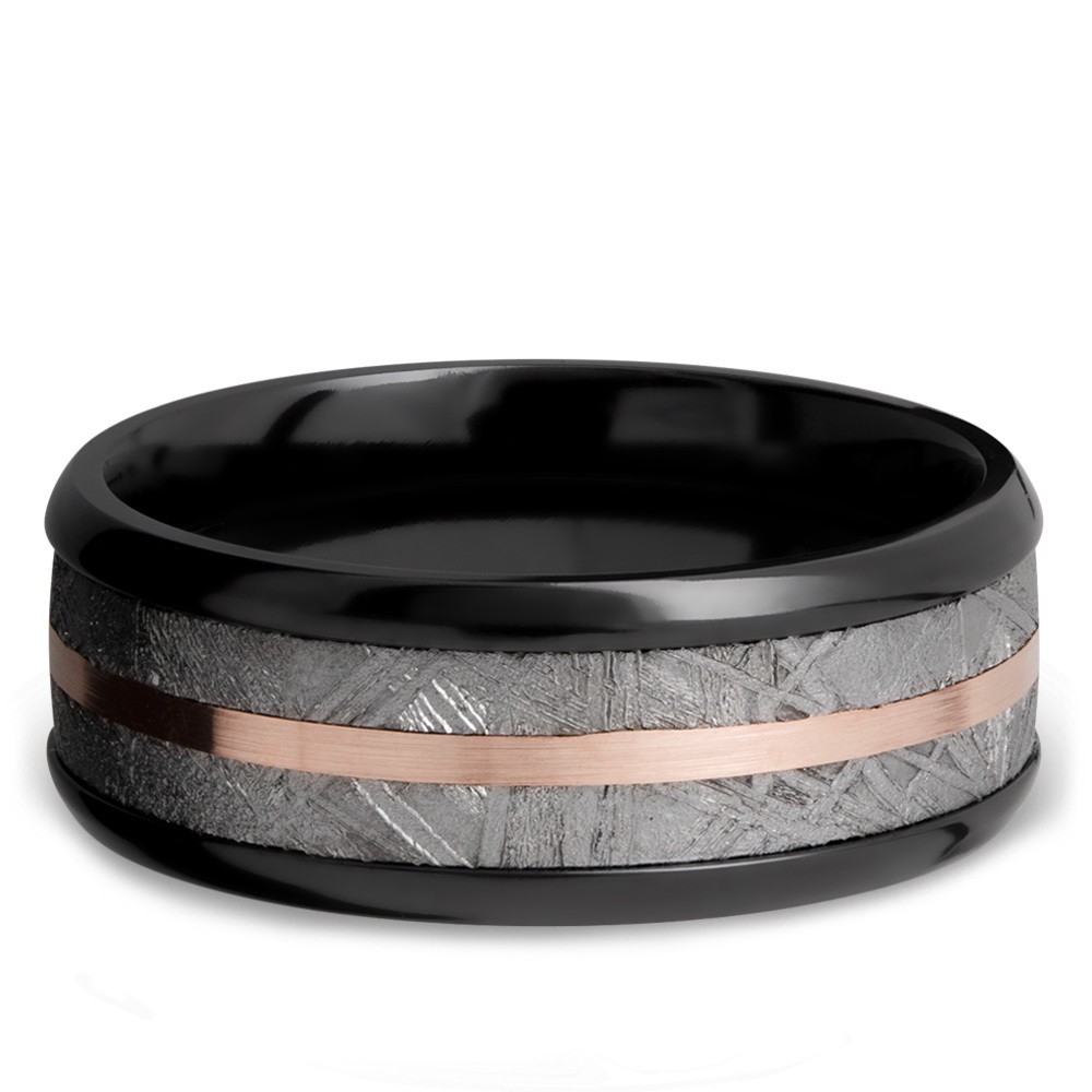 14K Rose Gold Inlay Men's Wedding Ring with Meteorite in Zirconium