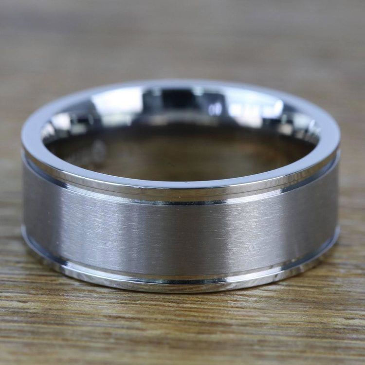 8mm Grooved Tungsten Mens Band with Brush Finish Titanium Inlay