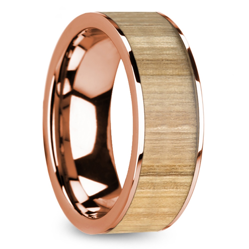 Rose Gold Mens Wedding Band With Ash Wood Inlay