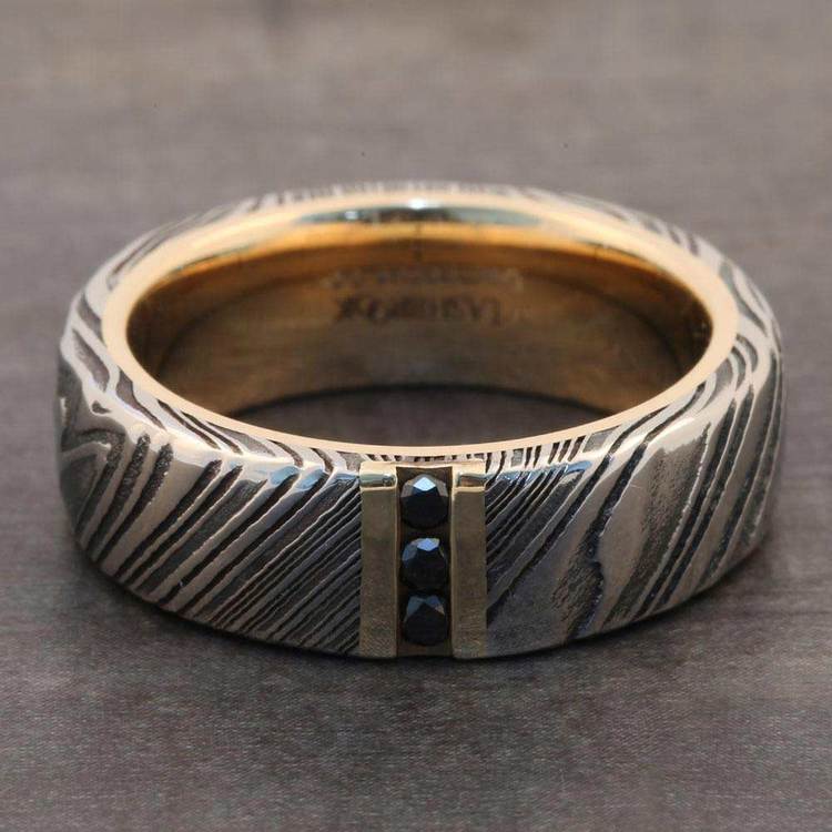 Damascus Steel Mens Ring With Black Diamonds   Damascus Banana Rose Gold Ring 