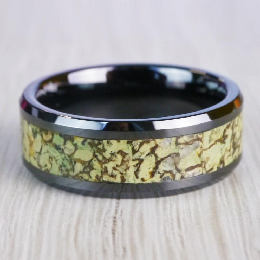 Green Dinosaur Bone Inlay Wedding Band In Black Ceramic