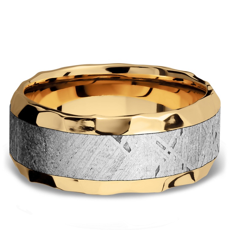 The Big Bang Hammered 14k Yellow Gold Mens Band With Meteorite Inlay 2612