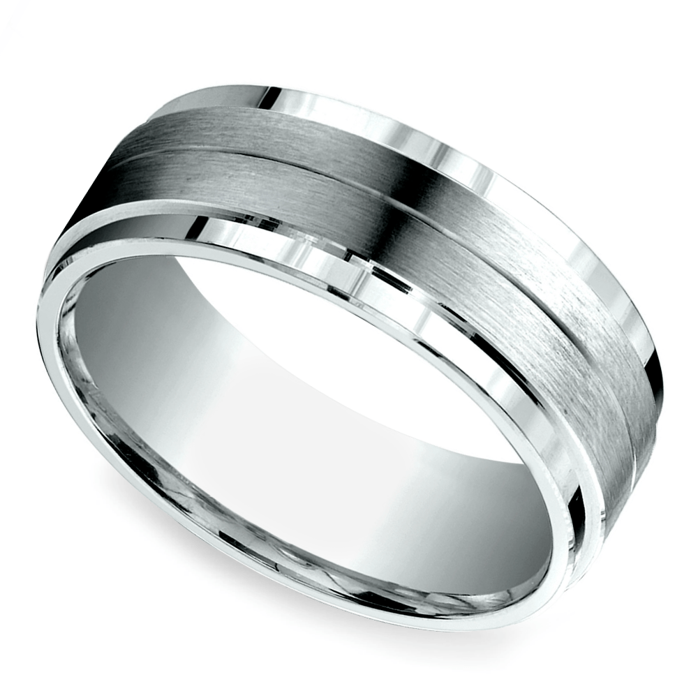 Beveled Satin Mens Wedding Band In White Gold