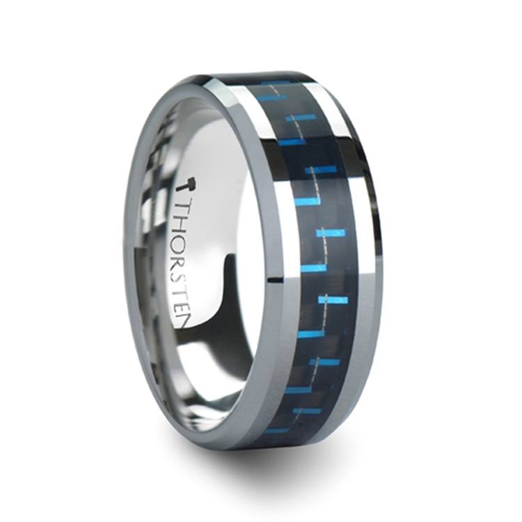 Black & Blue Carbon Fiber Inlay Tungsten Carbide Men's Ring (8mm)