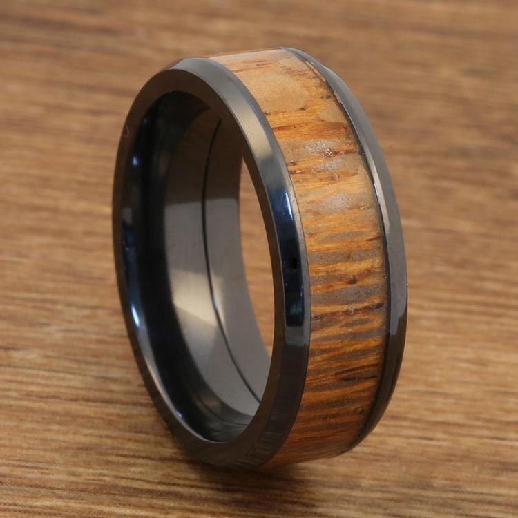 Bourbon Barrel - Zirconium & Leopardwood Mens Wedding Band (8mm)