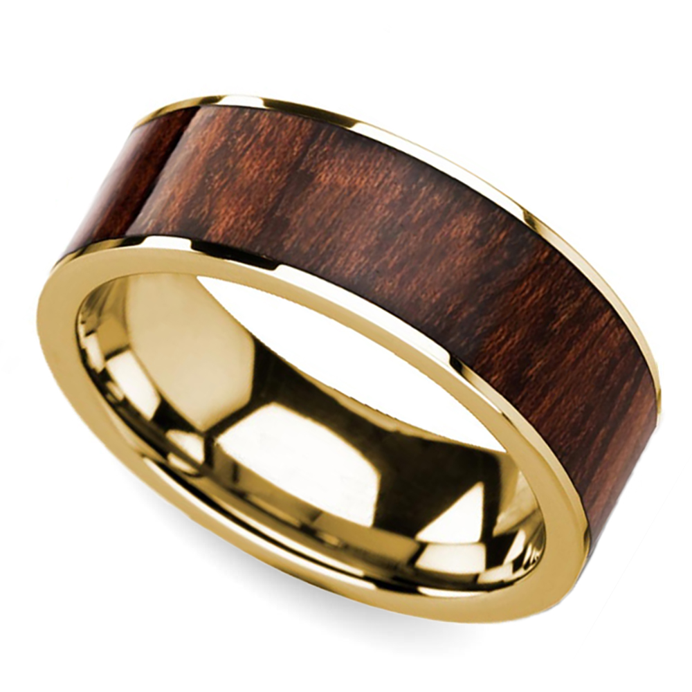 Flat Natural Wood Pattern Damascus Steel Ring with 14K Yellow Gold