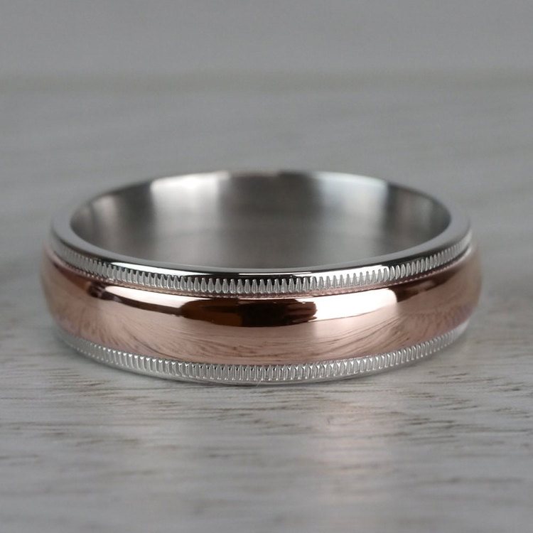 Carved Milgrain Men's Wedding Ring in White & Rose Gold