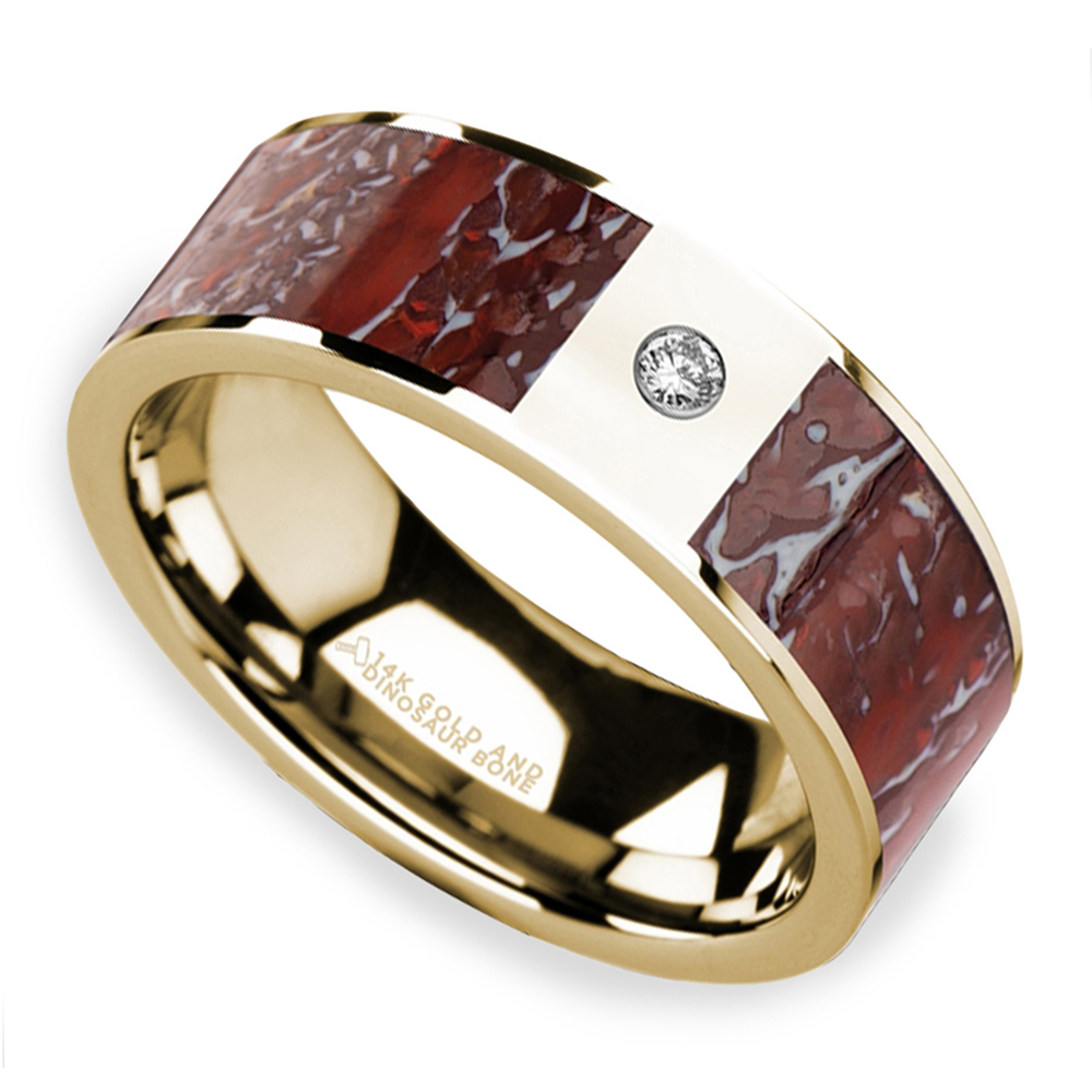 Red Dinosaur Bone Inlay Men's Wedding Ring with Diamond in 14K Yellow