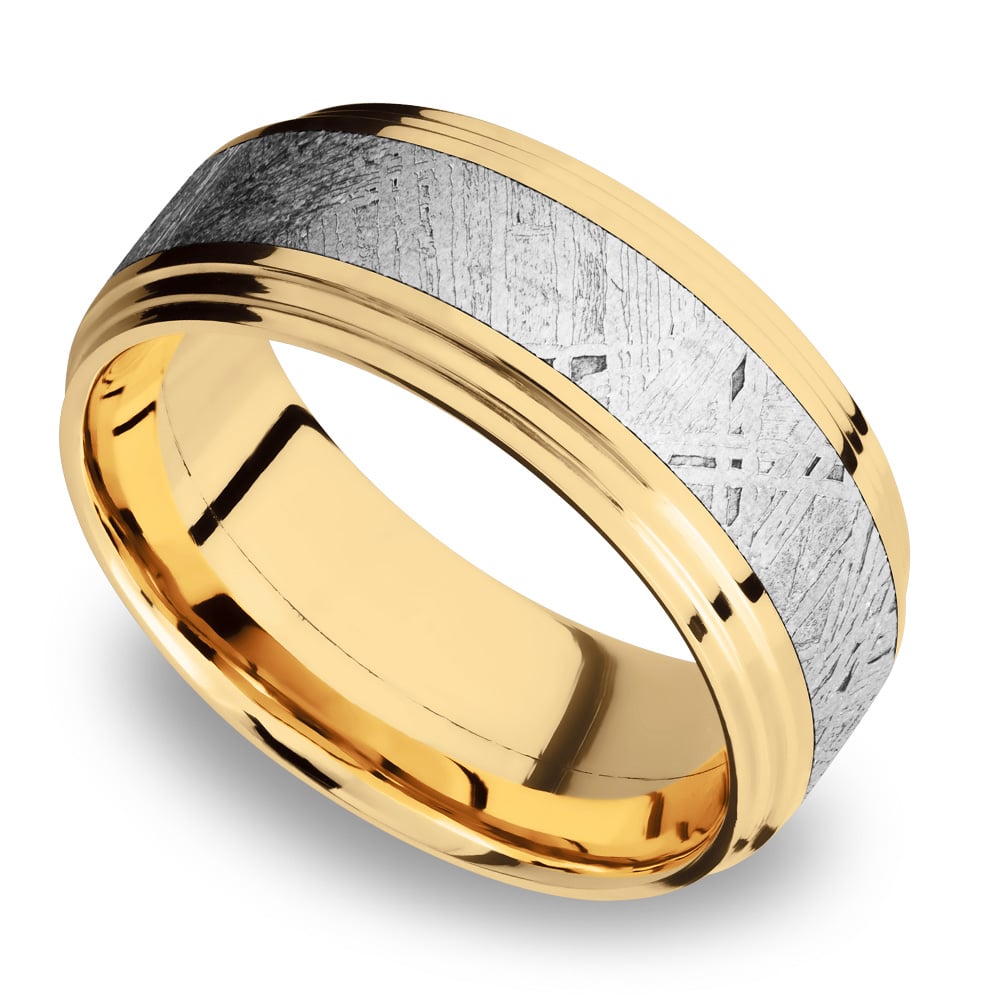Saturn Rings - Double Stepped Men's Band Meteorite Inlay In Yellow Gold ...