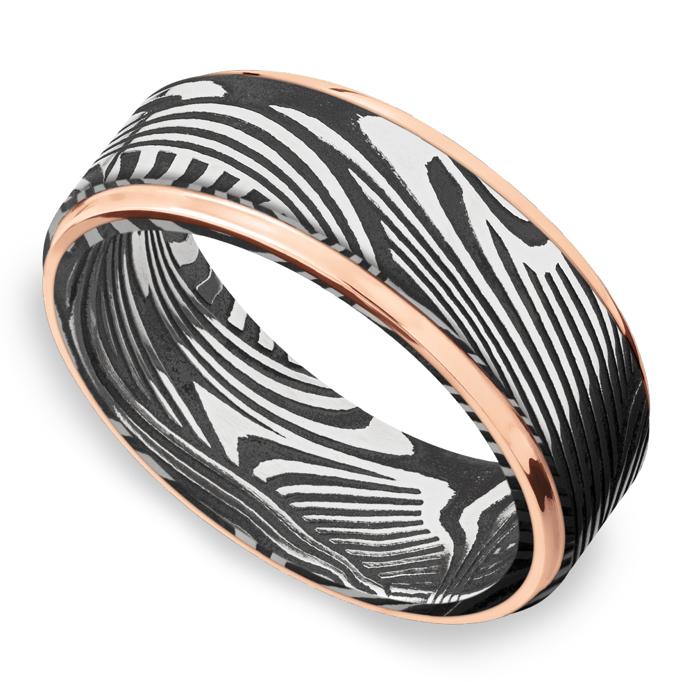 Last Night In Ibiza Sunset Damascus Mens Wedding Band 8mm   Sunset Damascus Mens Wedding Band Rose Gold V1 