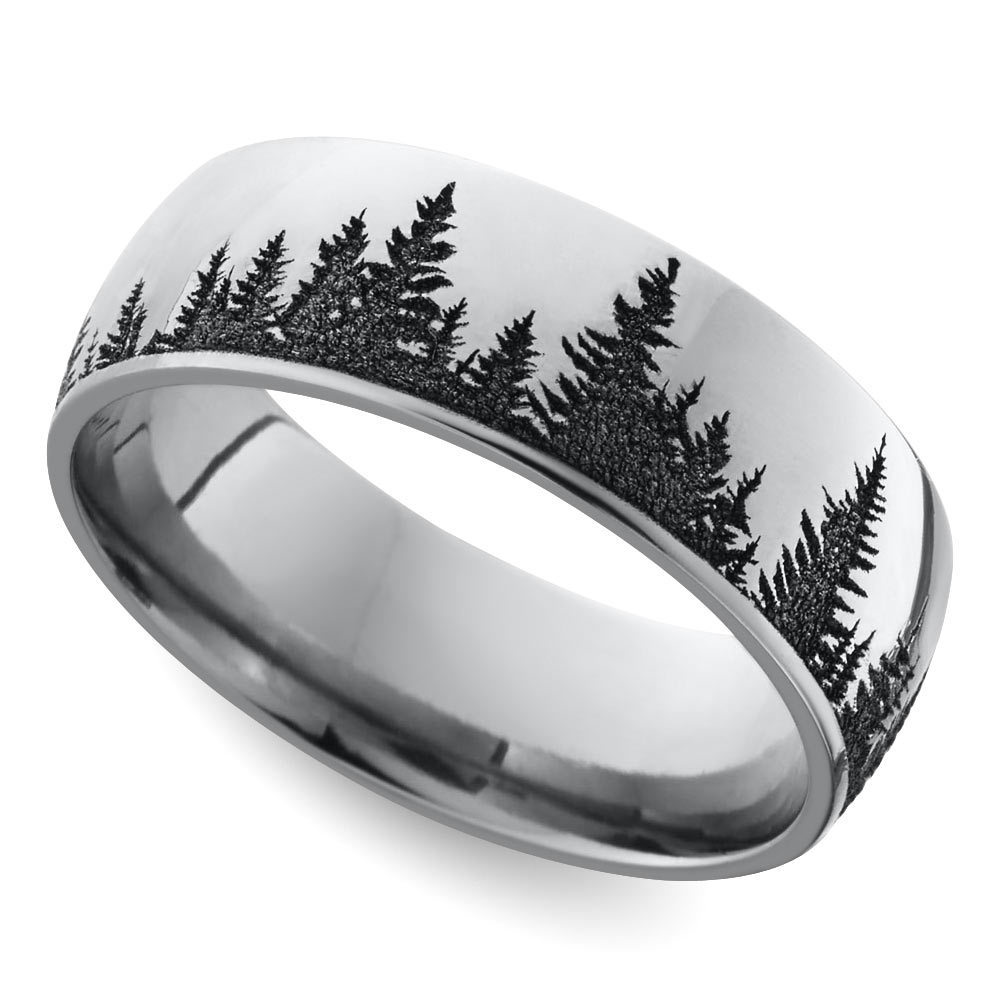 Laser Carved Forest Pattern Mens Ring In Titanium 7mm   Forest Pattern Mens Ring Titanium Angle 