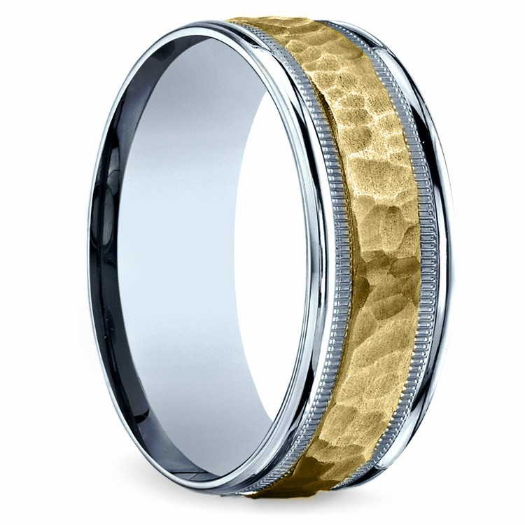 Hammered Men s  Wedding  Ring  in White  Yellow  Gold 