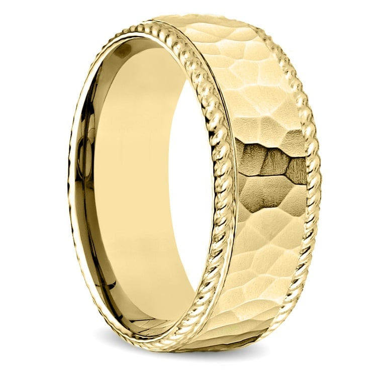 Hammered Rope Edging Mens Band Yellow Gold 02 
