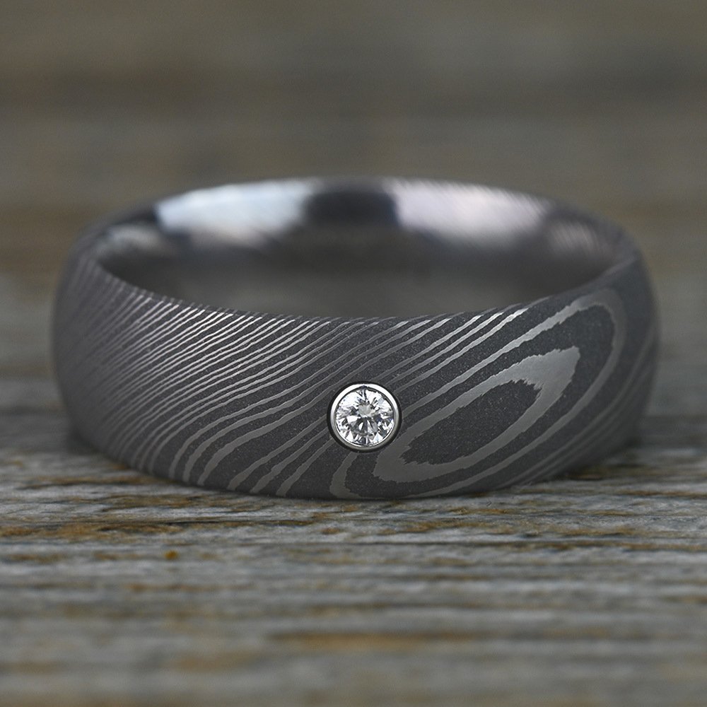 Mens Black Damascus Wedding Band With Inset Diamond   Inset Diamond Mens Band 7 Mm 1 20 Carat Damascus Steel 3 