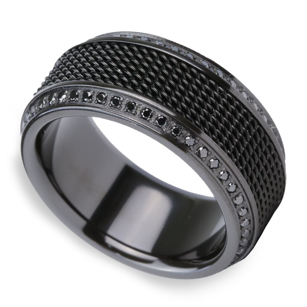 Mens Titanium Black Diamond Ring | Steel Chainmail Inlay