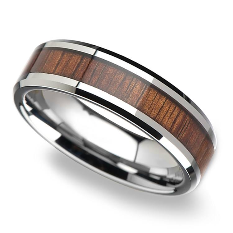 Mens Koa Wood Ring - 6 Mm Beveled Tungsten Wedding Band