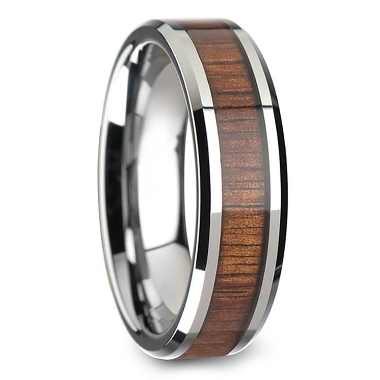 Mens Koa Wood Ring - 6 Mm Beveled Tungsten Wedding Band