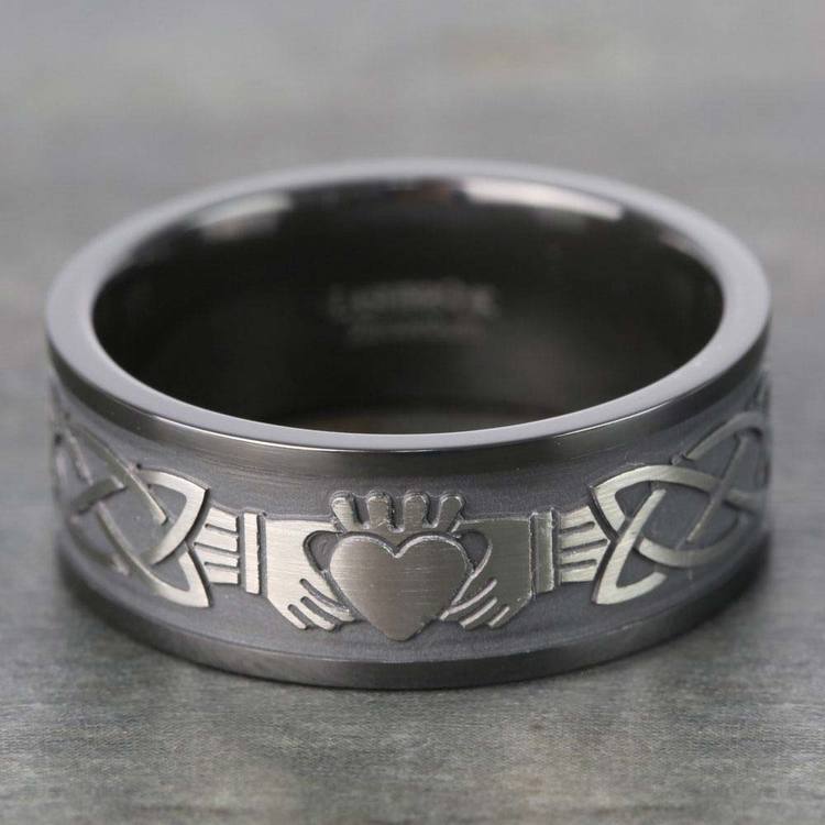 Mens Claddagh Wedding Band In Zirconium Celtic Design   Laser Carved Celtic Claddagh Mens Band 9 Mm Zirconium Rp 