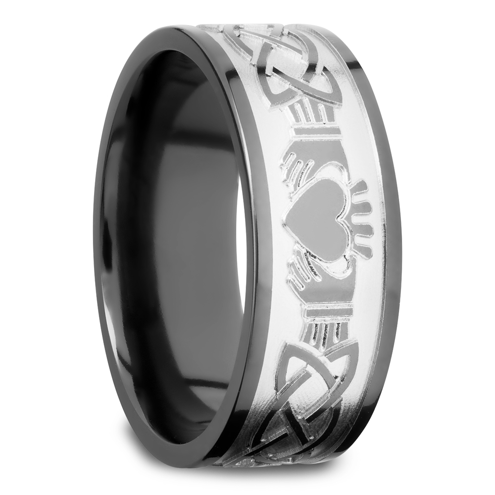 Laser Engraved Celtic Claddagh Mens Wedding Band in Zirconium (9mm)