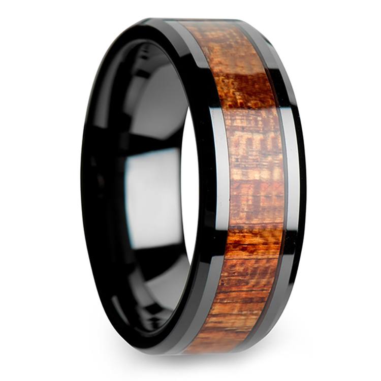 Mahogany Hard Wood Inlay Men's Beveled Ring in Black Ceramic (8mm)