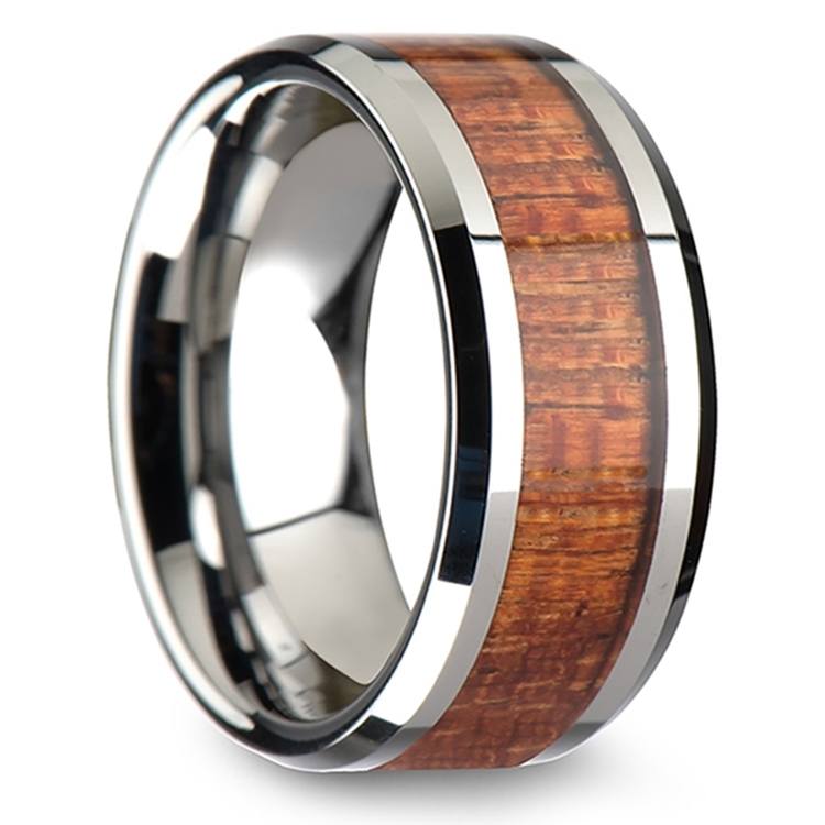 Mahogany Hard Wood Inlay Men's Beveled Ring in Tungsten (10mm)