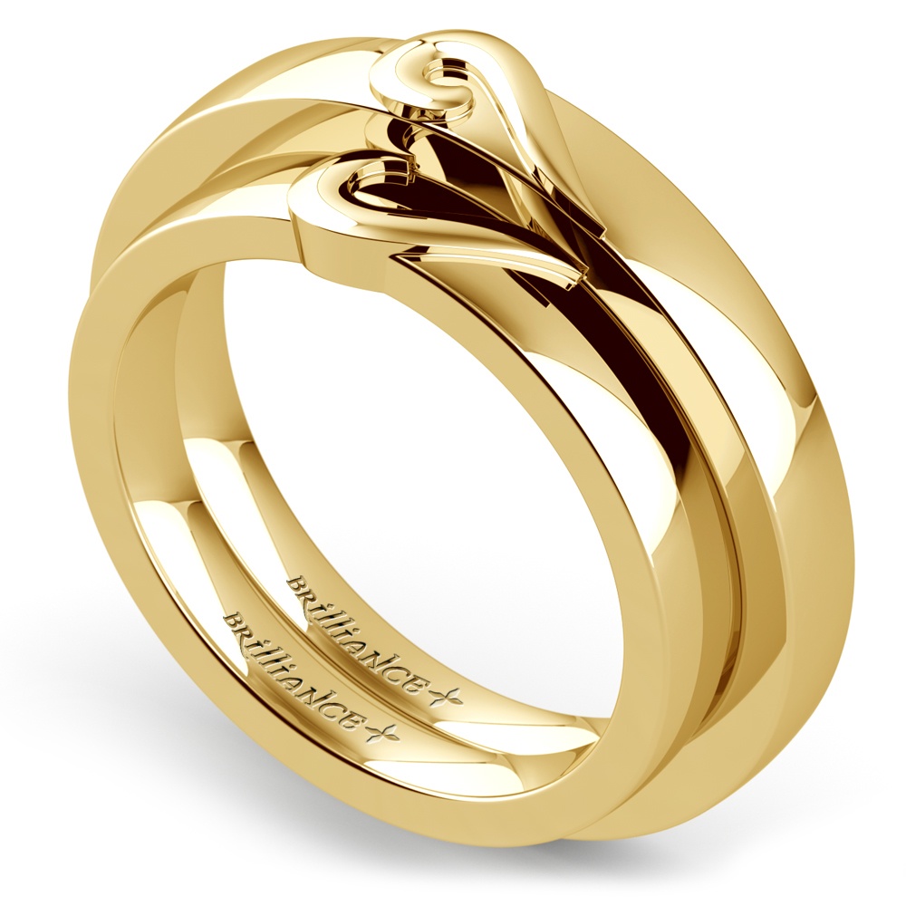 Matching Curled Heart Wedding Ring Set in Yellow Gold