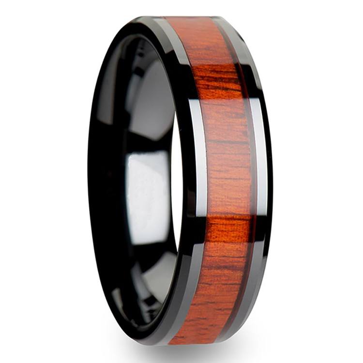 Padauk Real Wood Inlay Men's Beveled Ring in Black Ceramic ...