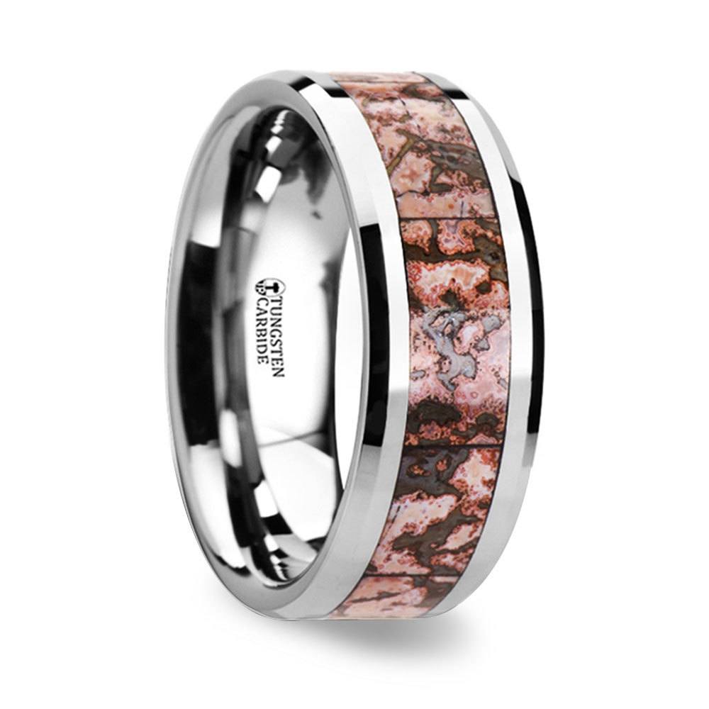 Pink Dinosaur Bone Inlay Wedding Band In Tungsten