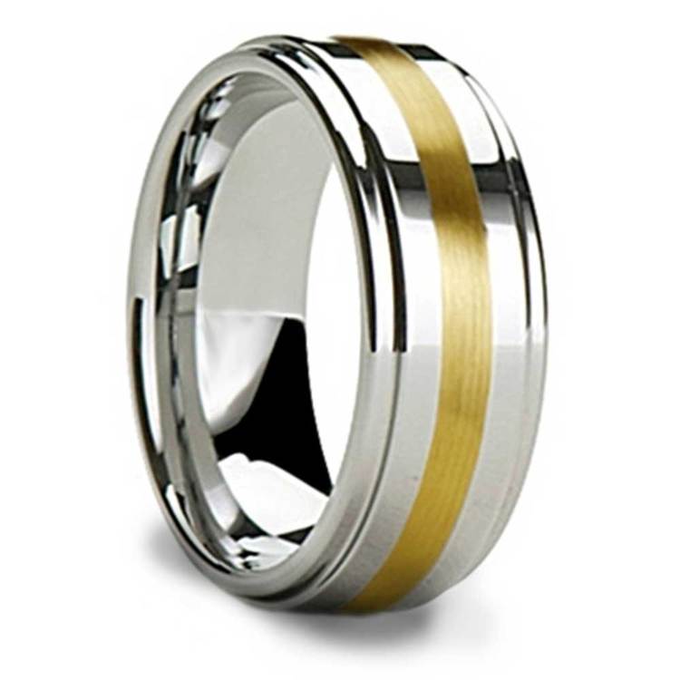 Raised Tungsten Mens Band with 14K Yellow Gold Inlay