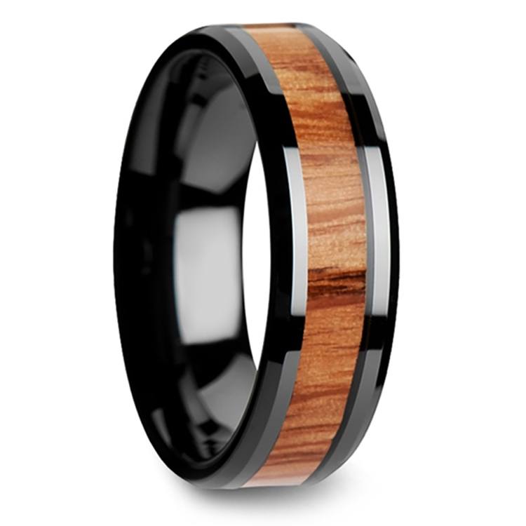 Red Oak Wood Inlay Men's Beveled Ring in Black Ceramic (6mm)