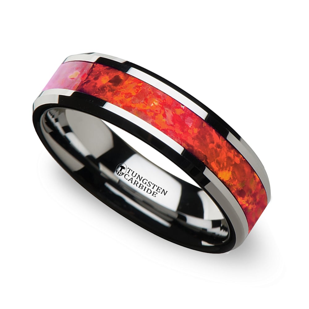 Lava Red Opal Wedding Ring In Tungsten For Men (6 mm)